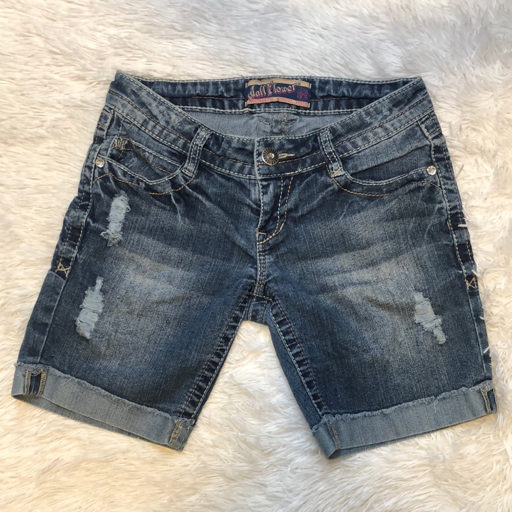 Wallflower mid length denim distressed shorts